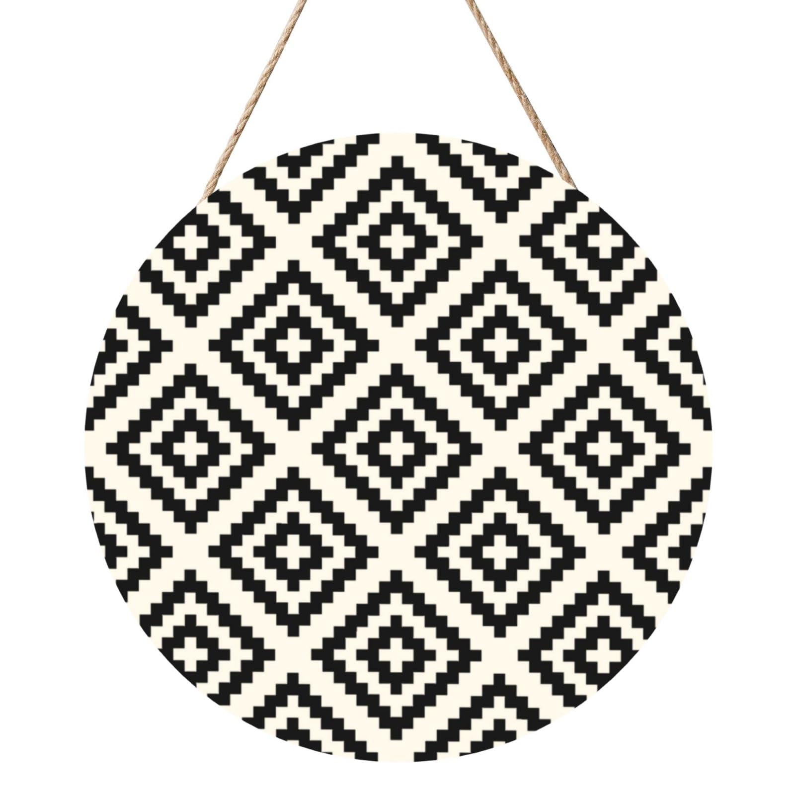 InOmak Geometric Pattern Black And Cream, Round Wood Panel Painting 12 in, Wall Hanging Painting For Home