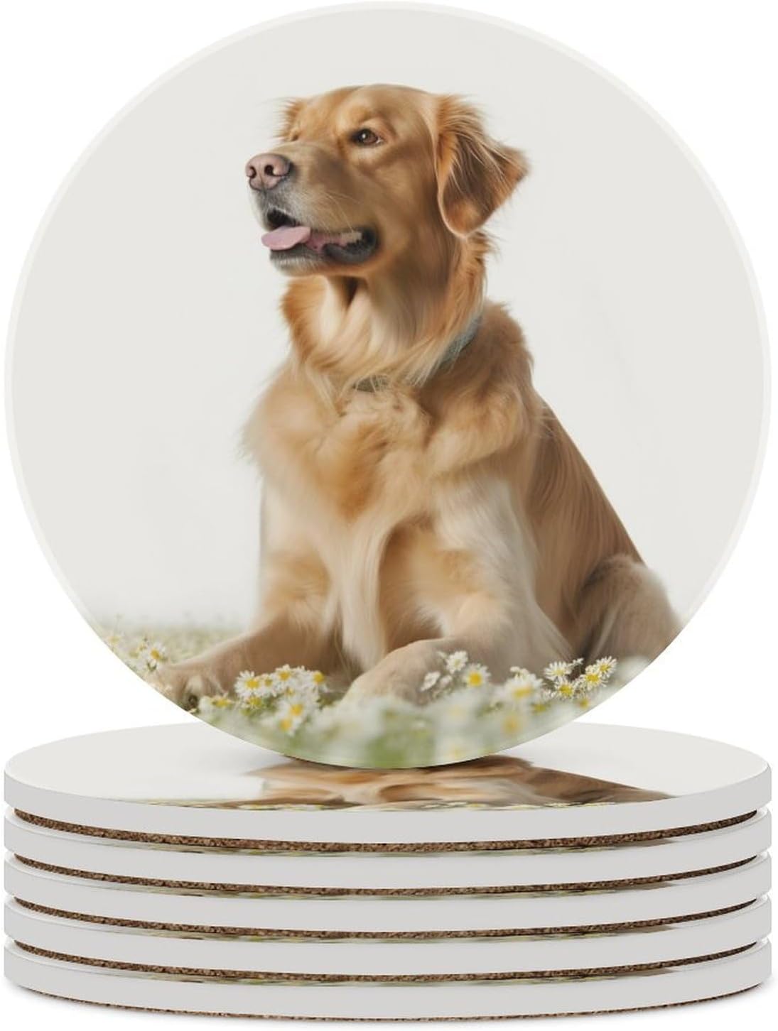 6PCS Dog Coasters Non-Slip Round Drink Coasters with Ceramic Stone and Cork Base, Heat Resistant Absorbent 33.00Stone Coaster Set for Kinds of Mugs and Cups, 4 Inch