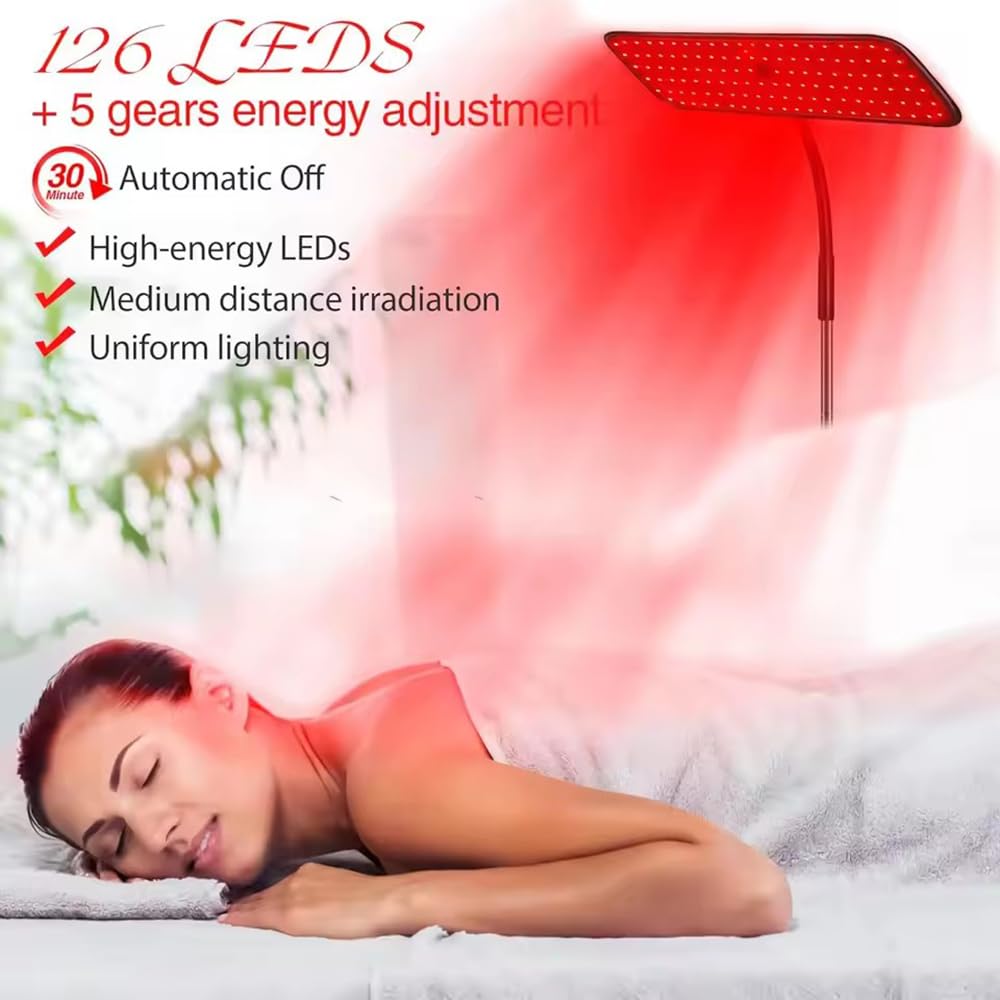 Lampada a Infrarossi Professionale 126 LED-Altezza Regolabile 30-130cm,4 Livelli Luminosi, 5 Timer,Collo di Cigno 360° con Occhiali Protettivi & Supporto Per lenire i muscoli del viso e del corpo
