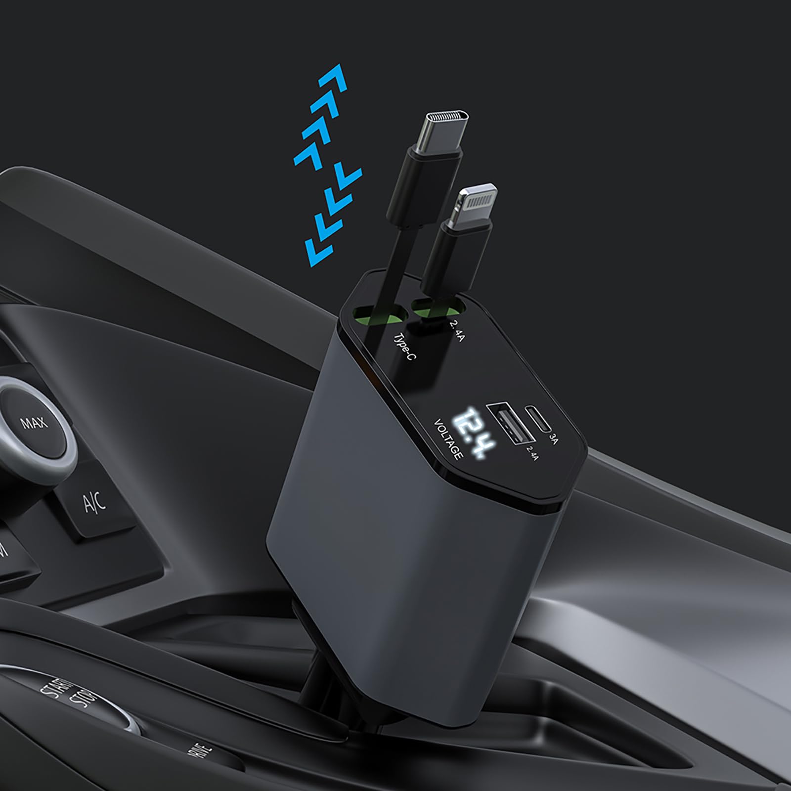 Wysuwana ładowarka samochodowa z 2 wbudowanymi kablami (USB-C/Lightning) i portami USB-C i USB, akcesoria samochodowe dla kobiet i mężczyzn - PD/QC3.0 szybkie ładowanie do iPhone'a 16/15, Samsung