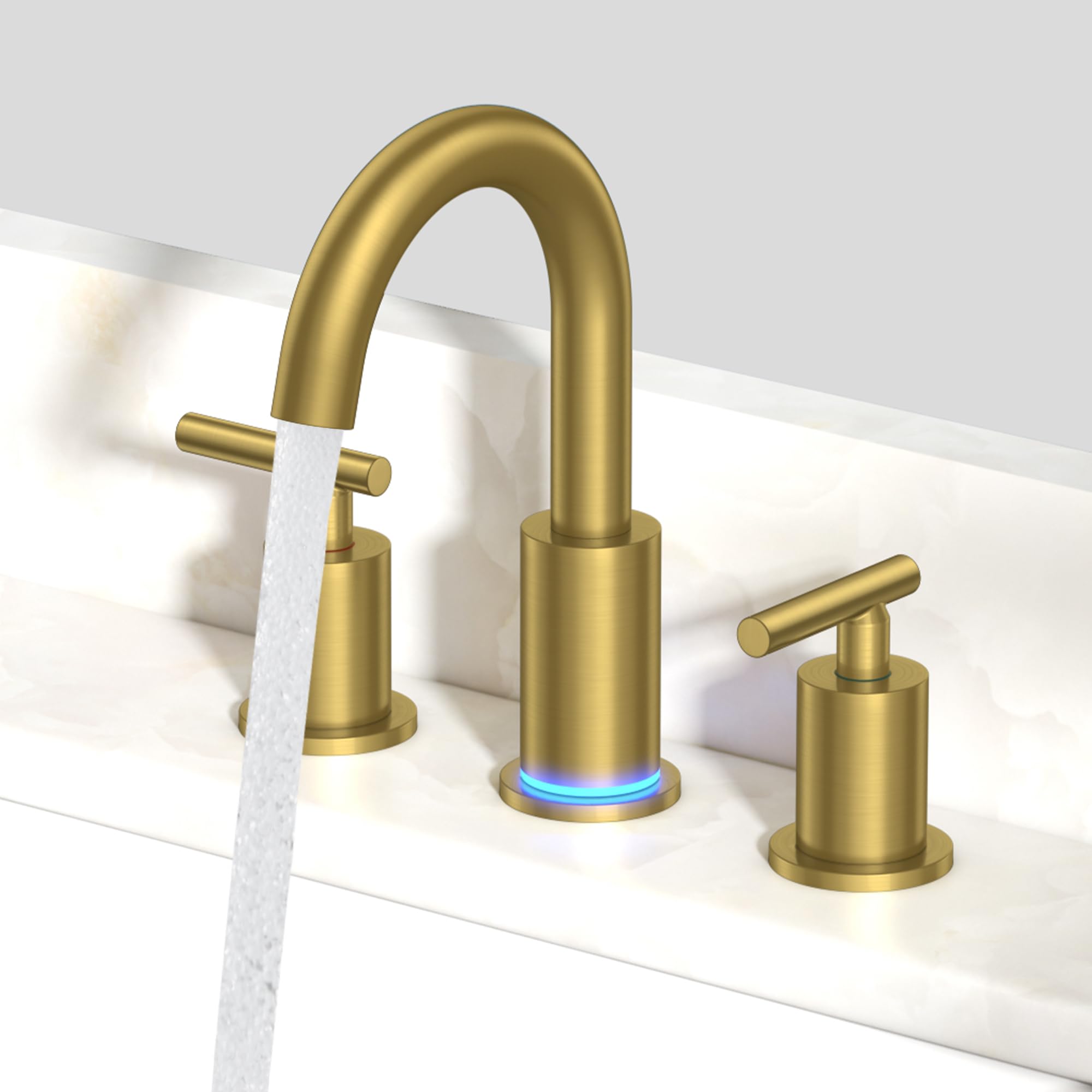 FORIOUS Widespread Gold LED Bathroom Faucet 3 Hole, 3 Color Changing Light