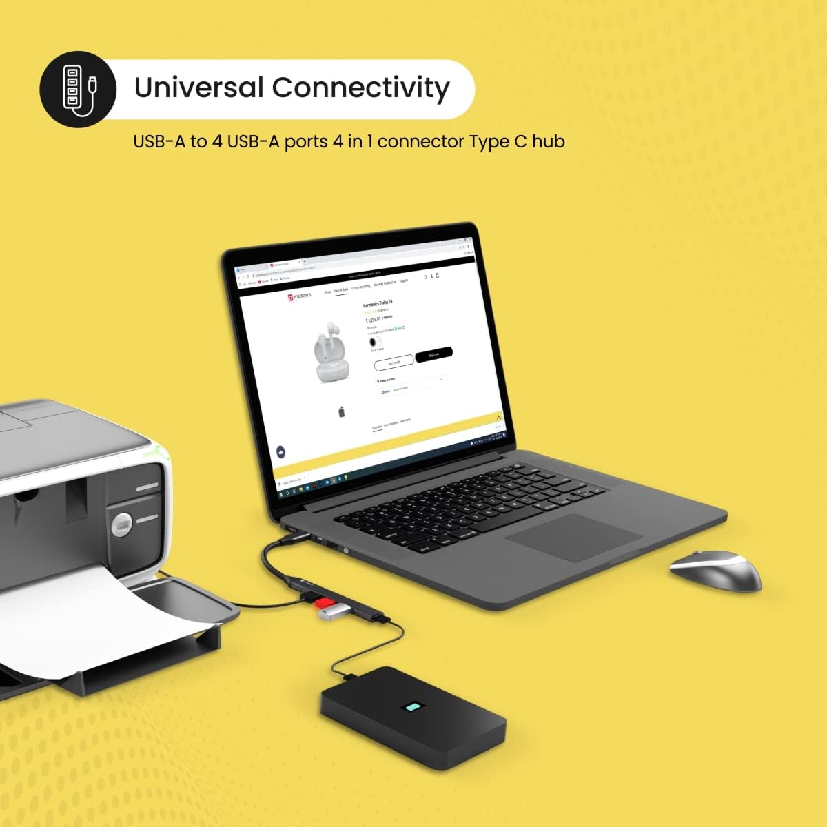 Universal Connectivity of Mport 31C USB Hub with laptop, printer, mouse, and external hard drive