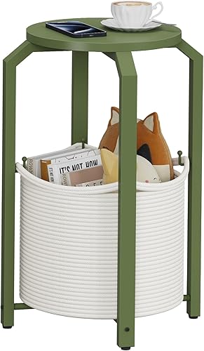 Miniatura 7 de TUTOTAK Mesa auxiliar pequeña, mesa auxiliar redonda, mesita de noche, mesita de noche, mesa de sofá con cesta de almacenamiento, sala de estar,