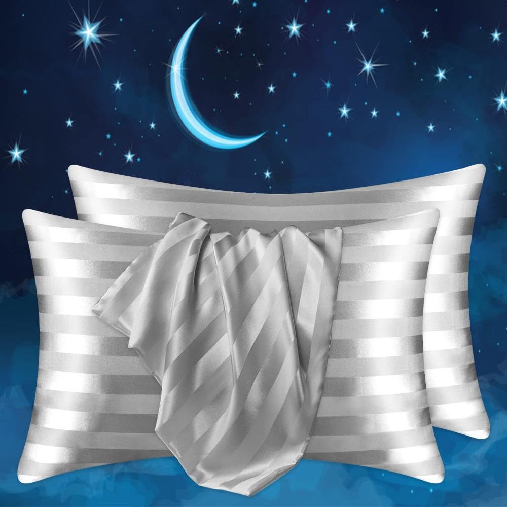 Silky Satin Pillowcase 2 Pack,Super Soft Smooth Satin Pillow Case for Hair And Skin With Envelope Closure Cozy Anti Wrinkle Satin Pillow Cover Standard Size,Grey Stripe,King(50x90cm)