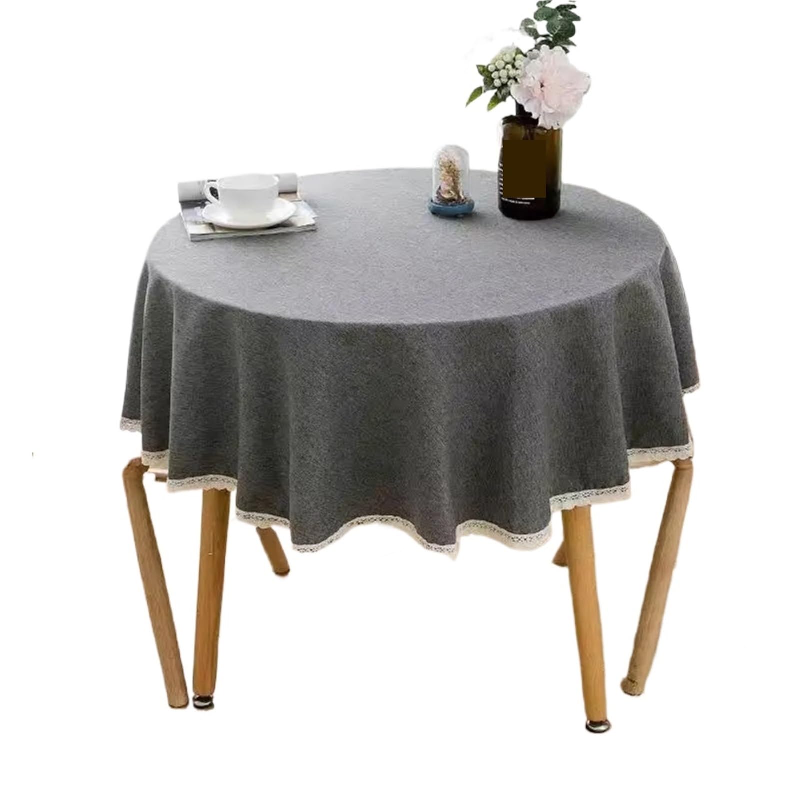 ZNTIHZ Solid Color Round Tablecloth With Lace Cotton Linen Table Cloth Wedding Dining Tea Decoration Cover For Wedding Party Banquet(Dark gray,220cm)