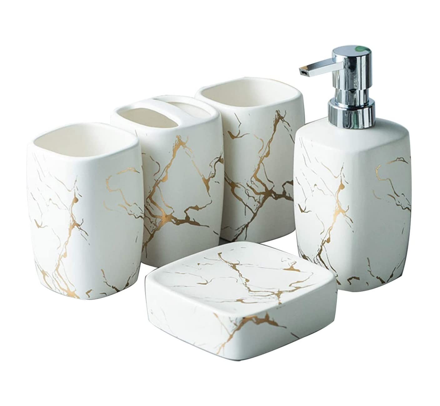 Badzubehör Set Badezimmer Zubehör Set Badezimmer-Accessoires-Set Mit Marmormuster, Luxuriöses Keramik-Badezimmer-Set, Bad-Ornament Für Einweihungsgeschenk Badezimmer Set ( Blue : Blanc , Size : 5pcs )