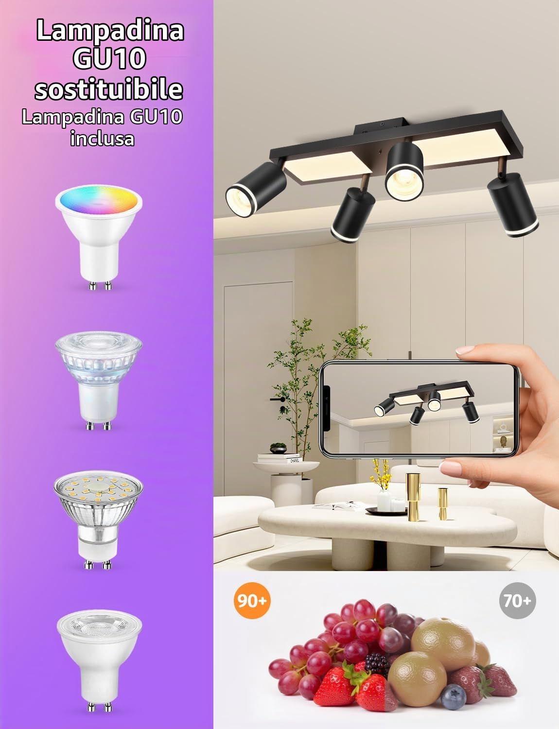 YindaLux RGB Lampada Faretti da Soffitto Orientabili, 30W 3600LM LED Soffitto con Telecomando, Nero Plafoniera LED Faretti 4 Luce con Luce di Fondo 10W+4x5W GU10 per Soggiorno