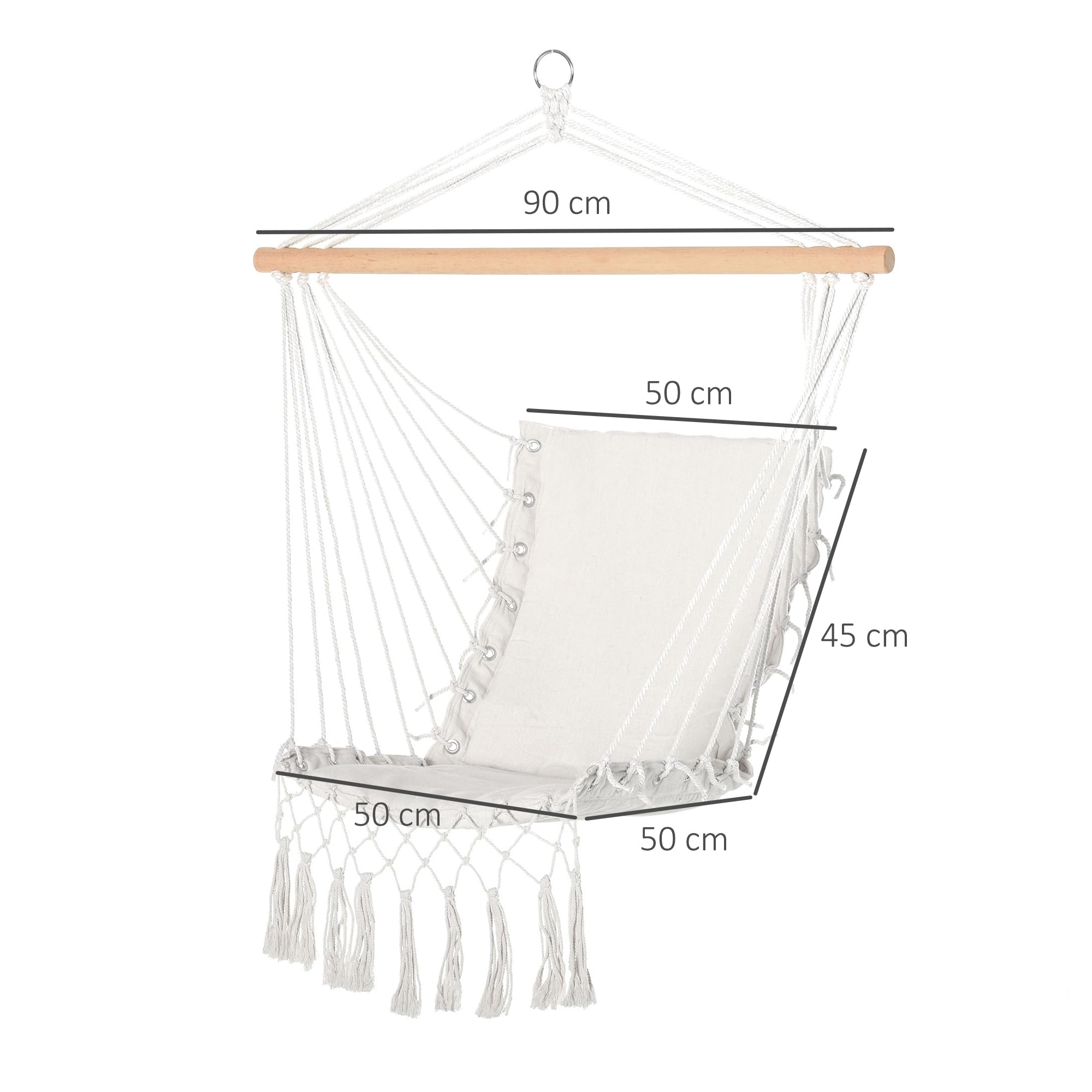 Outsunny Silla Colgante con Borlas Silla Columpio de Algodón Carga 120 kg Sillón Colgante Estilo Moderno para Interior y Exterior Blanco