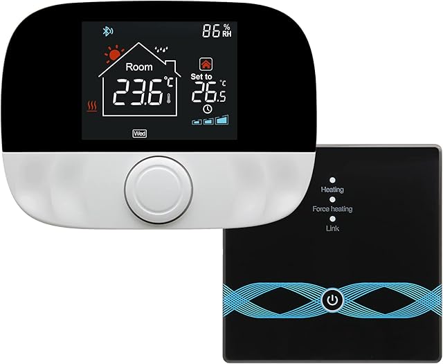 Beok WiFi USB Battery Thermostat, RF Gas Boiler Thermostat with Receiver, Programmable Heater, Smart Room Thermostat, 0.5°C, Hysteresis Temperature Controller, Compatible with Google Home