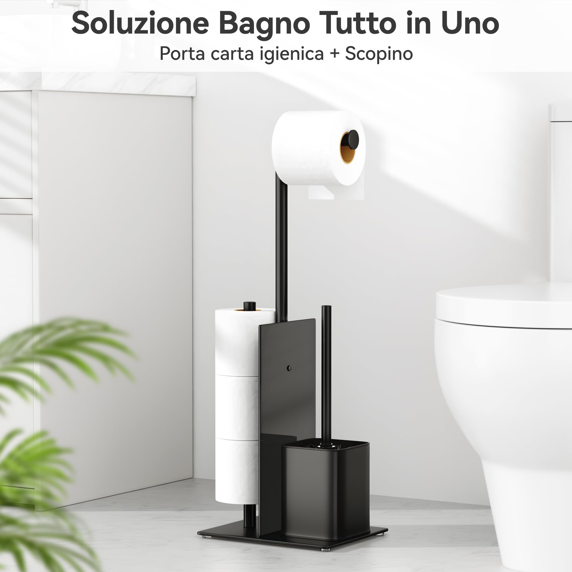 Susswiff Piantana Portarotolo e Scopino - Porta Carta Igienica Nero con Vetro, Acciaio Inox Portarotolo Carta Igienica con Spazzolino WC, Porta Rotoli Cartaigienica Bagno con Porta Scopino, in Piedi