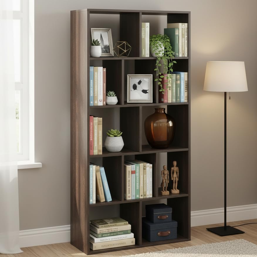 Image of FURNEASER Hallen Multi-Compartment Wooden Bookshelf with 5-Tier Storage � Modern Display Rack for Home & Office | Space-Saving Vertical Bookcase � 159 x 60 x 25 cm (Wenge Finish)