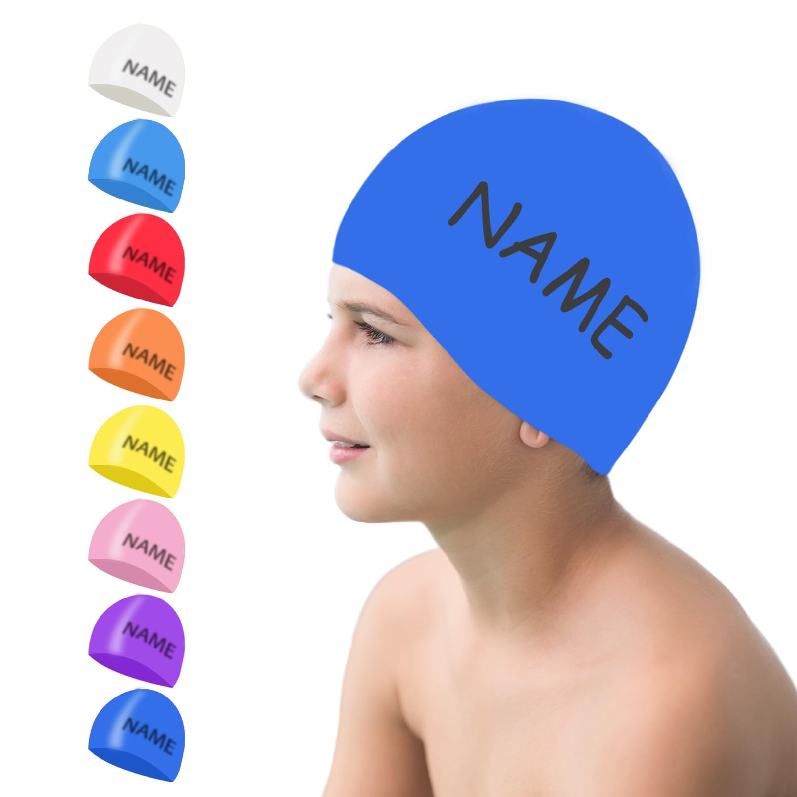 Swimming Cap Kids, Personalized Silicone Swimming Hat Kids with Name Waterproof Colorful Comfortable Anti Slip Boys Girls (Deep Blue, M)