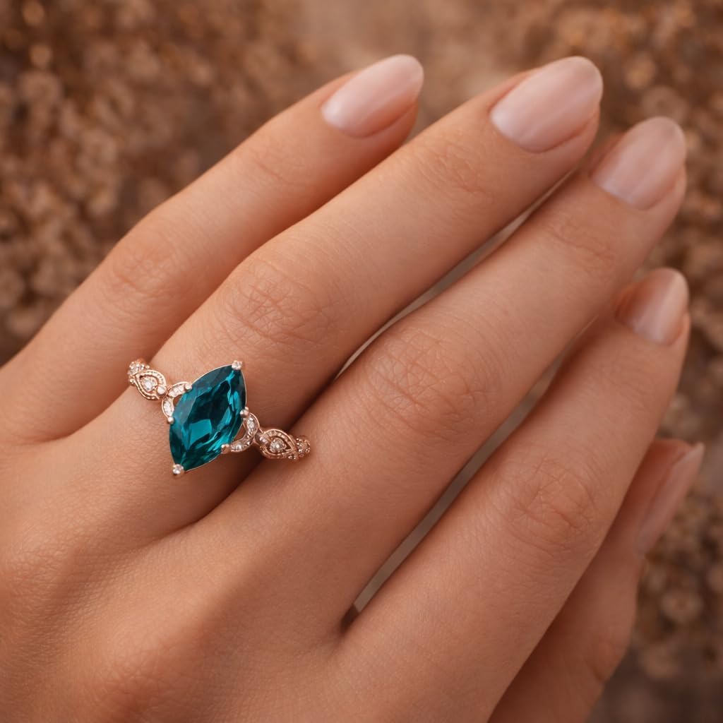 Marquise Cut London Blue Topaz Engagement Ring 14K Rose Gold Vintage CZ Diamond Accent Ring December Birthstone Alternative Wedding Promise Jewelry Gift For Her