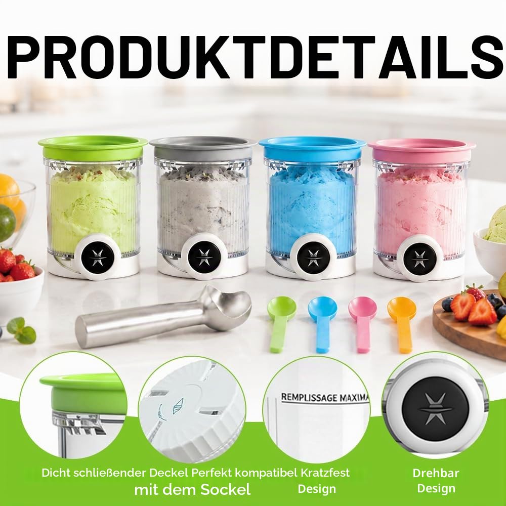 4 Stück Eisbehälter mit Deckel Passend für Ninja Swirl, Ersatz-Pints Eiscreme-Behälter für Ninja CREAMi NC700 NC701 Modelle, BPA-frei & Spülmaschinenfest, Zubehör für Eismaschine mit Löffel