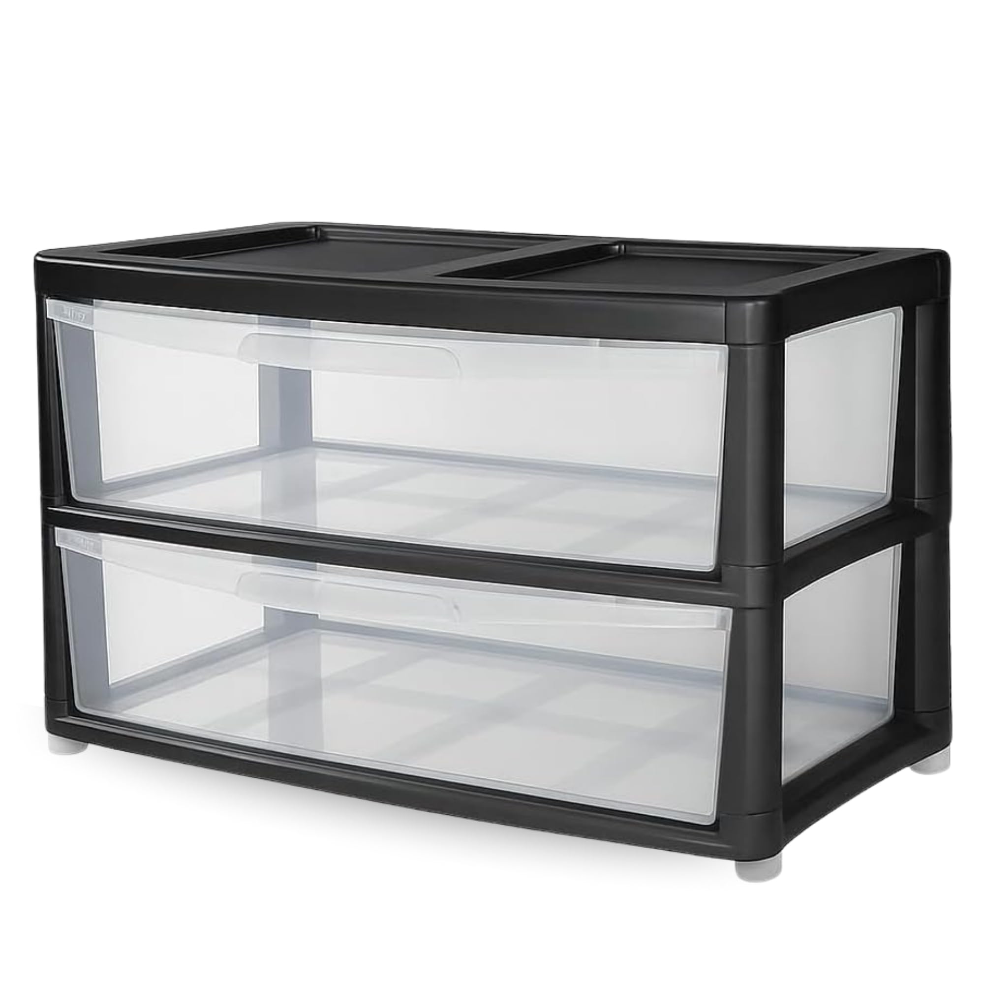 KYY'Z 2 Drawers Jumbo Storage Unit, Black/Clear Plastic Chest Modular Drawer, 2 Tier Home Office Closet Bedroom Dorm Modular Storage Tower, Nursery School Space Solution