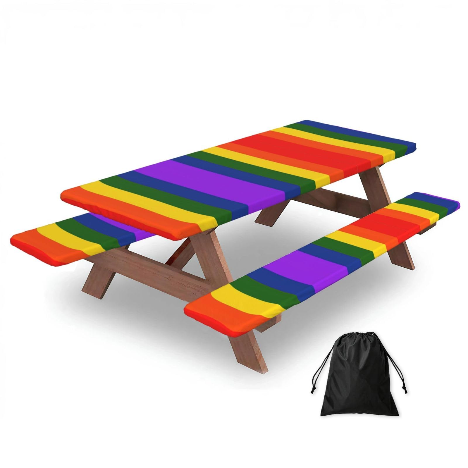 Duwaa Black Rainbow Flag Print 183Cm Picnic Table Cover With Bench Covers, Waterproof Elastic Tablecloth Set For Outdoor