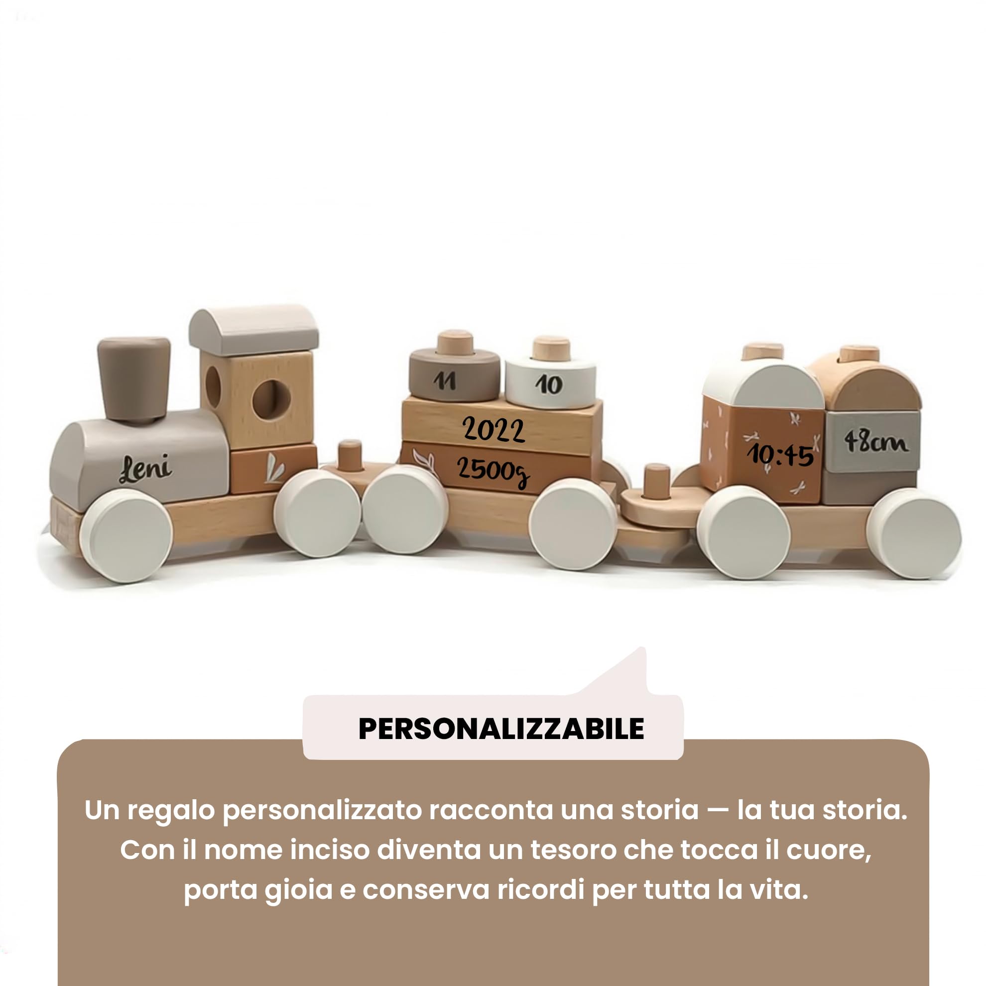 Personalizzabile treno impilabile in legno Nougat – gioco educativo & motricità fine – per bambini 18+ mesi – personalizzato con nome e data – Label Label