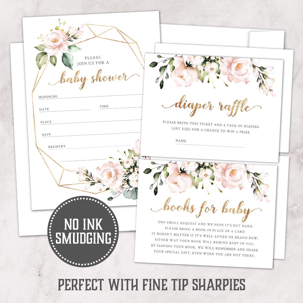 Zestaw 25 różowych kwiatowych zaproszeń na baby shower, bilety na pieluchy i kartki z prośbą o książkę z kopertami od Hat Acrobat | To dziewczęce zaproszenia boho na imprezę ujawniającą płeć lub