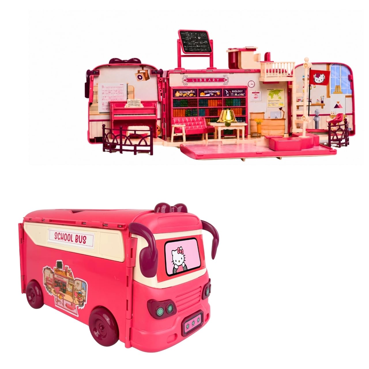 Tak Tak Toys Hello Kitty 2-in-1 Convertible School Bus Playset - Transforming into Classroom & Library with Accessories, Pretend Play Toy for Kids, Ages 3+ Years-image-38