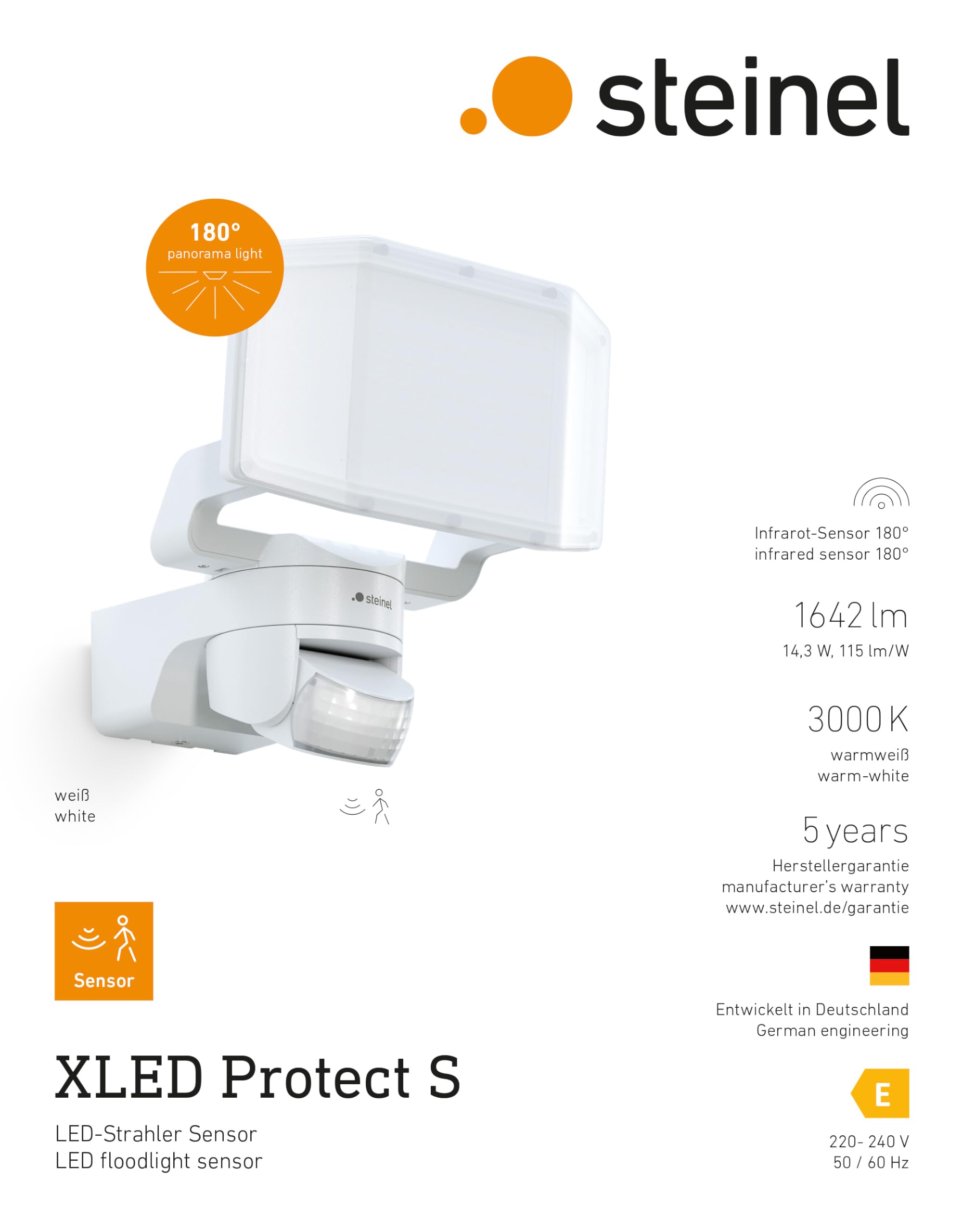 Steinel XLED Protect S reflektor zewnętrzny LED biały | czujnik ruchu 180°, 3000 K ciepła biel, 14,3 W, IP54, do garaży, ogrodów