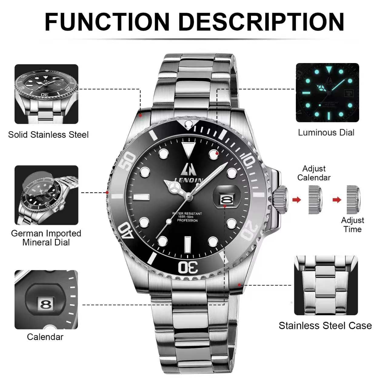 LN LENQIN Reloj Hombre Relojes de Acero Inoxidable para Hombres Reloj de Cuarzo Analógico Resistente Al Agua Relojes de Pulsera para Hombres con Fecha Relojes Casuales de Moda Luminosos