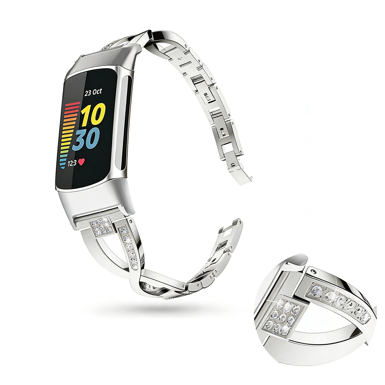 Plkjiu Straps for Fitbit Charge 6 Charge 5 Bling Crystal Metal Replacement Strap Compatible with Charge 5/6, Adjustable Silver Rhinestone Watch Band, Hollow Link Ladies Wristband
