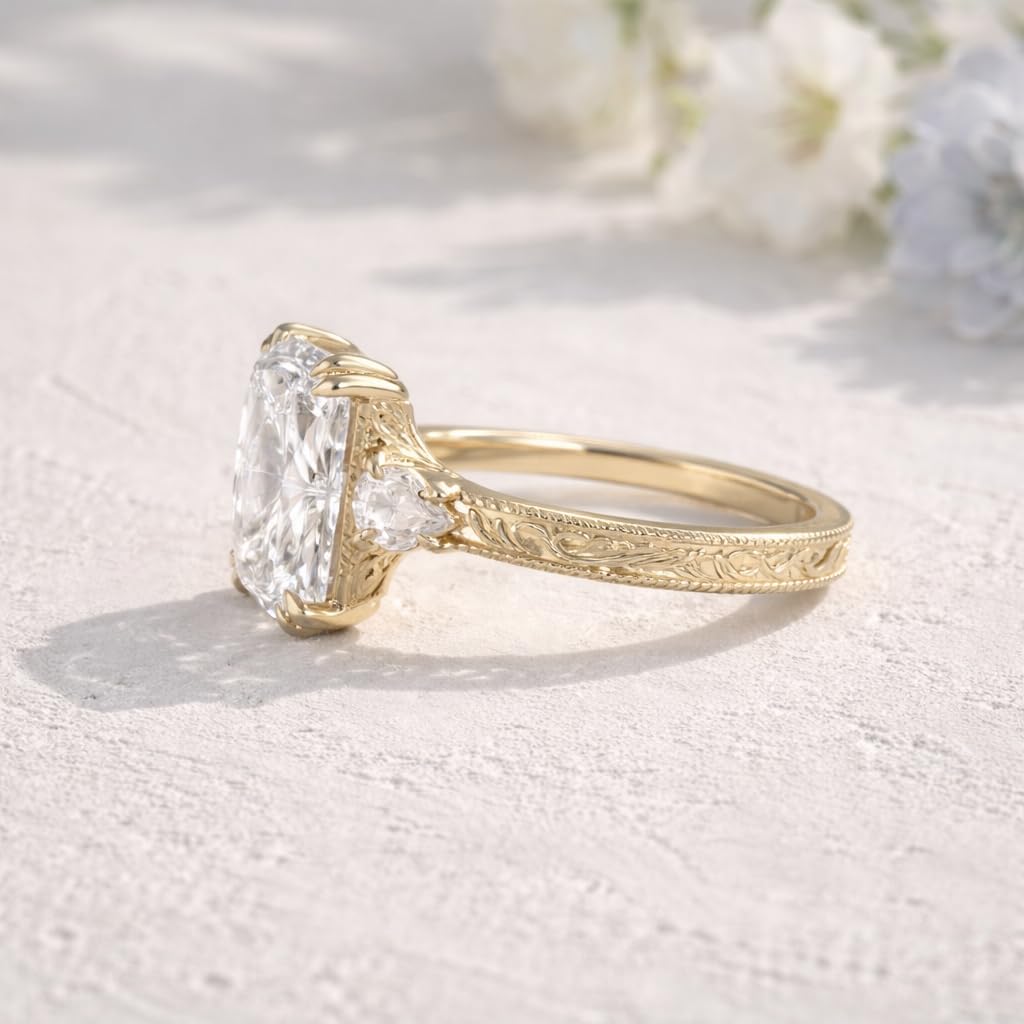 Radiant Cut Moissanite Engagement Ring 18K Yellow Gold Vintage Engraved Diamond Ring Antique Style Wedding Jewelry Gift For Women