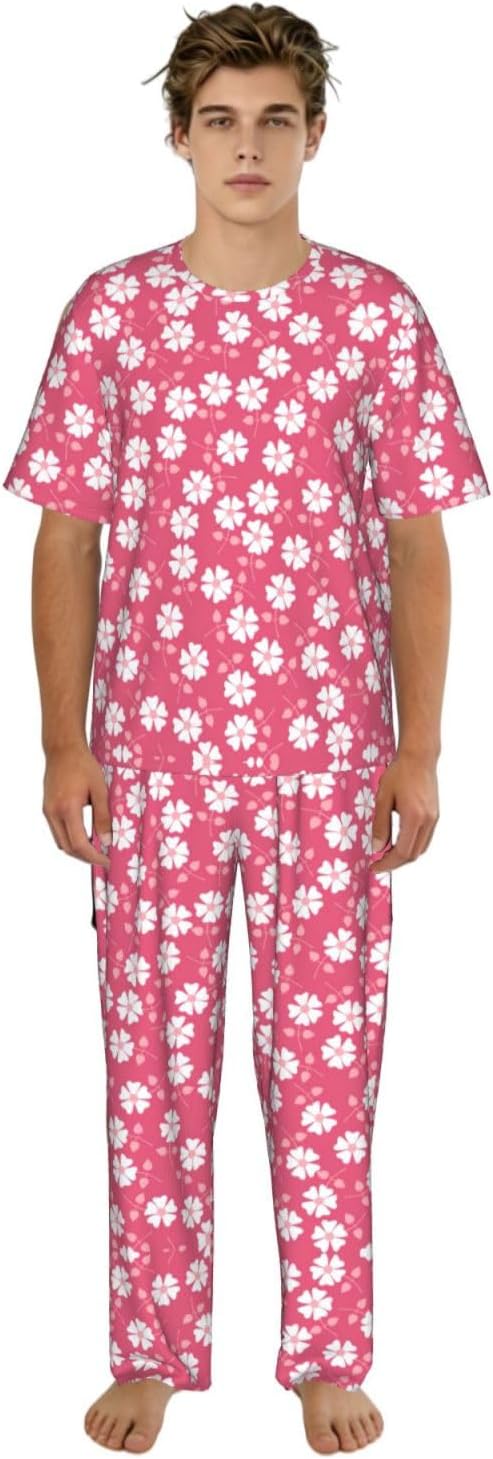 Men'S 2 Piece Loungewear Pajama Set Flowers Texture Pink Print Short Sleeve Tee Top And Pants Set S-3xl