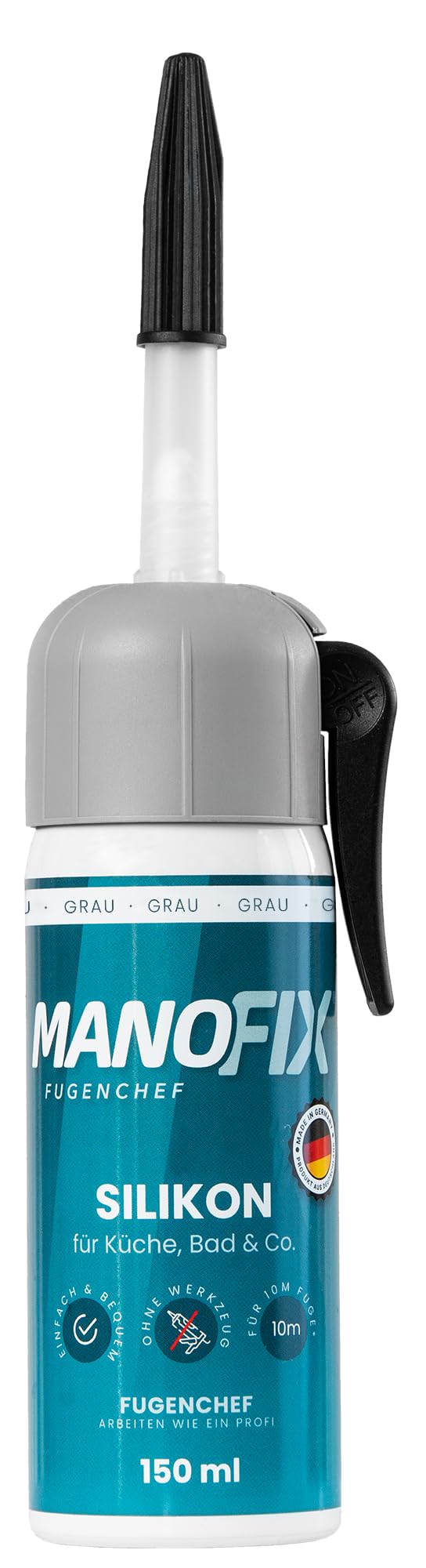 Manofix Fugenchef Silikon für Küche, Bad & Co. im Spender, 150ml, universalgrau