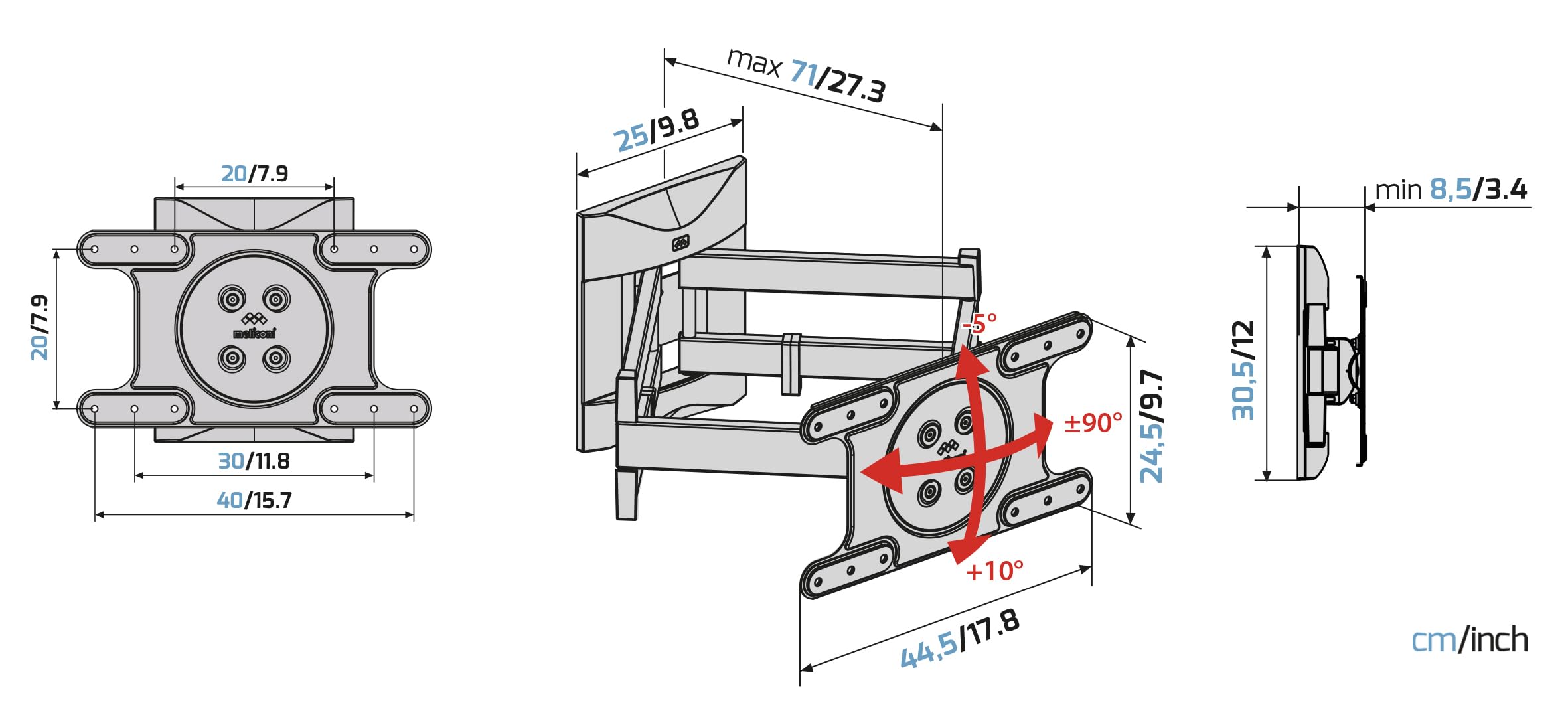 Meliconi SPACE SYSTEM DUALMOTION OLED, Supporto TV Parete Doppio Braccio e Doppia Rotazione, Staffa per TV a OLED da 40" a 82", Attacco VESA 200-300-400x200, Portata 55 Kg, Made in Italy, Nero