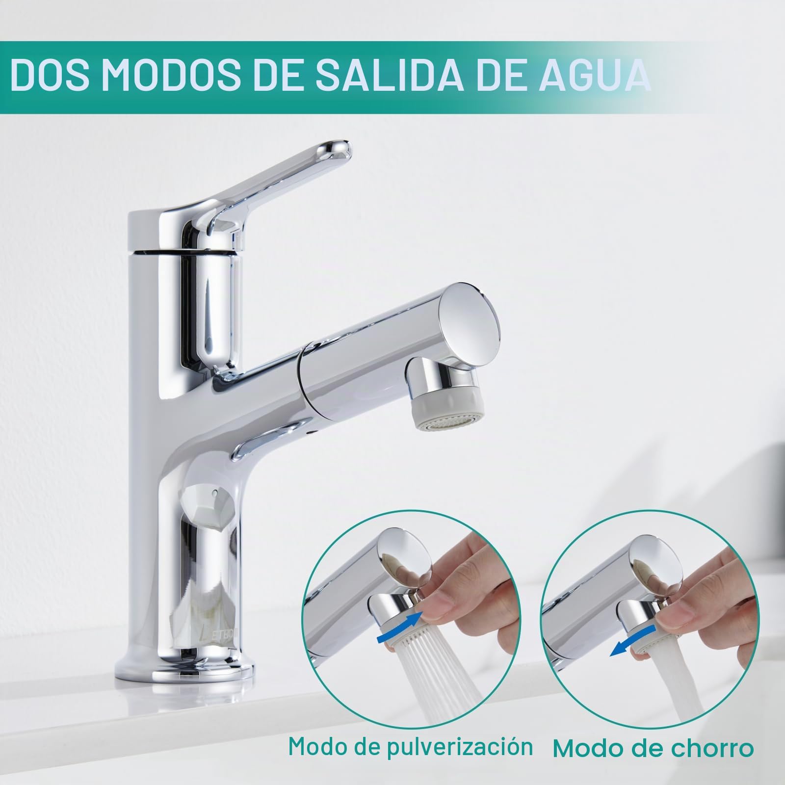 Grifo Lavabo con Ducha Extraíble de 2 Modos, Mezclador de Lavabo de Baño, Grifos Monomando, Apto para Fregadero de Encimera, Aireador Extraíble, Agua Fría y Caliente, Sin Plomo, Cromo
