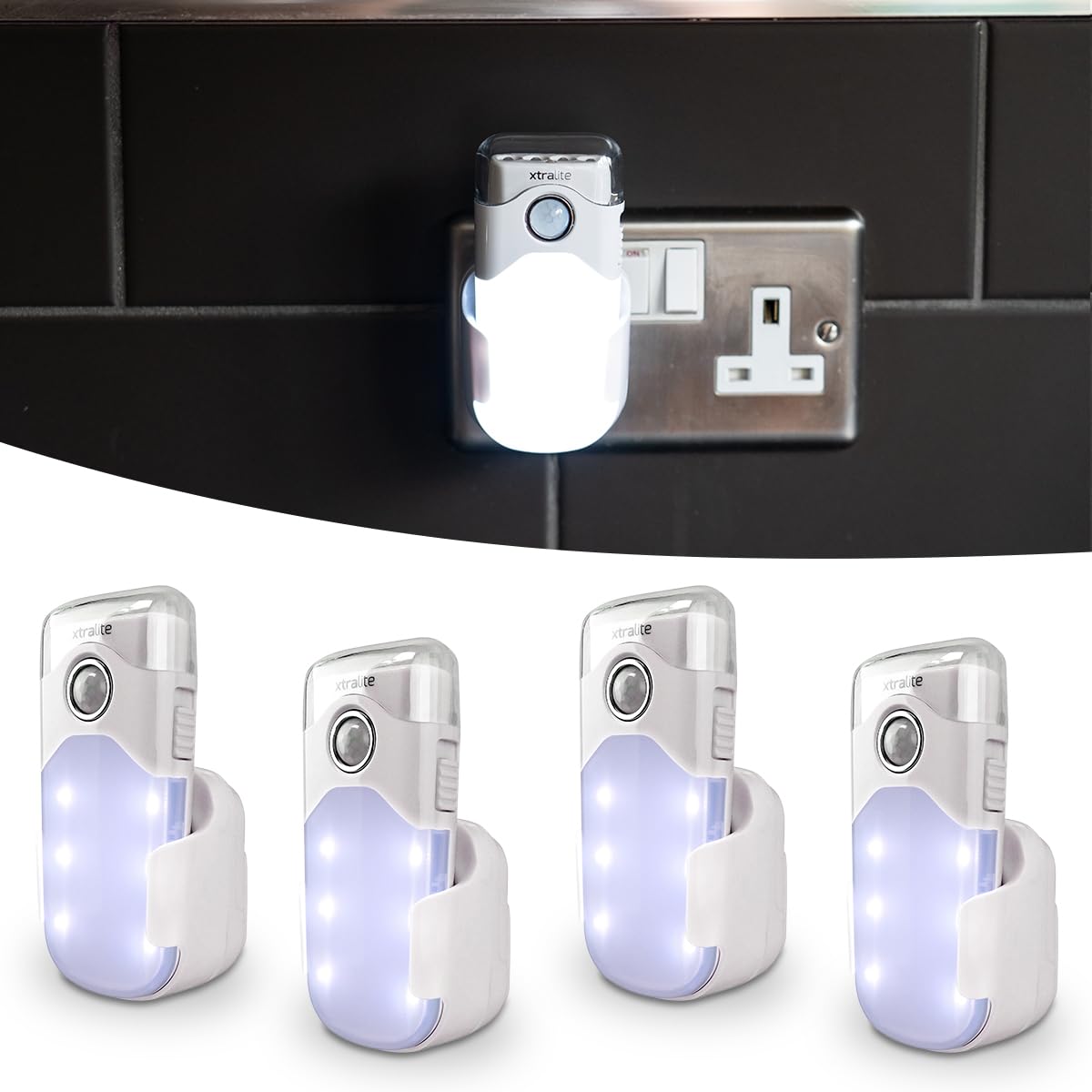 Xtralite Nitesafe Duo Rechargeable Night Light & LED Torch – Automatic Power Failure Light with Motion Sensor, Dual Night Light Modes, Wireless Induction Charging - Four Pack