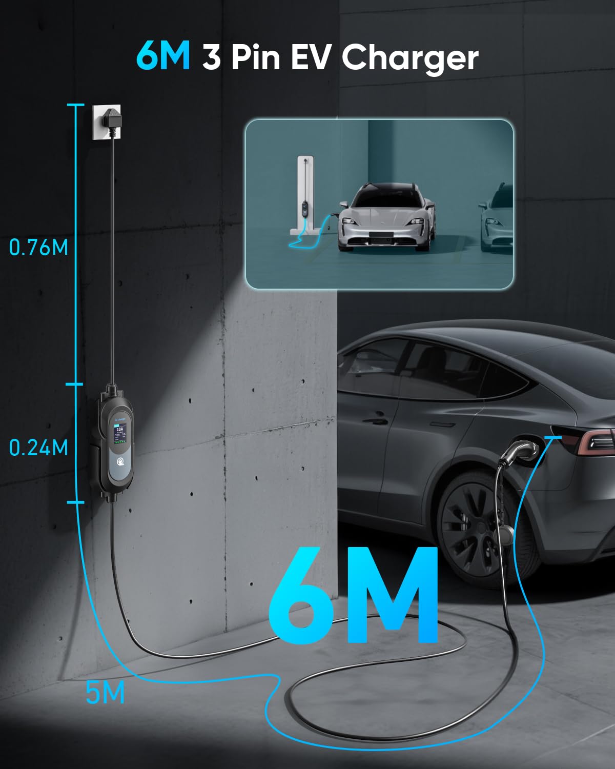 EV Charger Cable Type 2 to 3 Pin Plug 6M, Max 3.1kW [6-13A] UK 3Pin Electric Car Charger, Portable Car Type 2 Charging Cable 3 Pin with 2.4″ LED Screen, 12H Timing Delay, IP67/IP65 for EVs & PHEVs — view 4