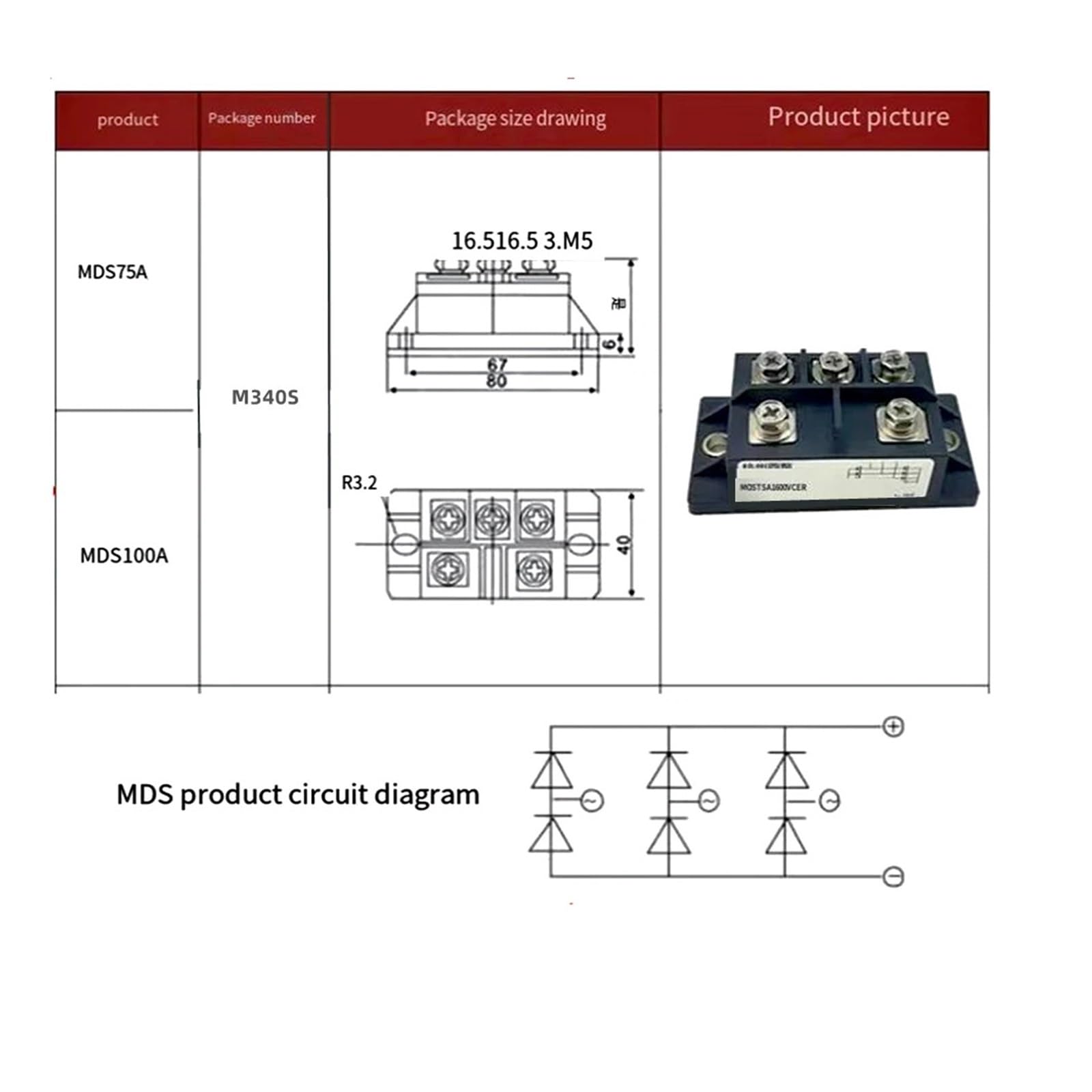 75A 100A dreiphasige Brückengleichrichter MDS75-16 MDS100A Wechselrichter-Schweißgerät Brückengleichrichter 1200V 1600V 2000V M340S(MDS 75A,1600V)