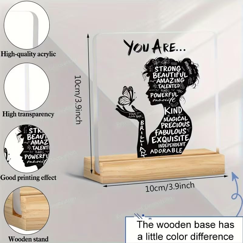 Image of SNAPTRAP You Are Strong Beautiful Acrylic Plaque with Wooden Base | Motivational Gift for Women Girls | Self Love Affirmation Desk Decor | Inspirational Gift for Her | Birthday, Friendship Gifts