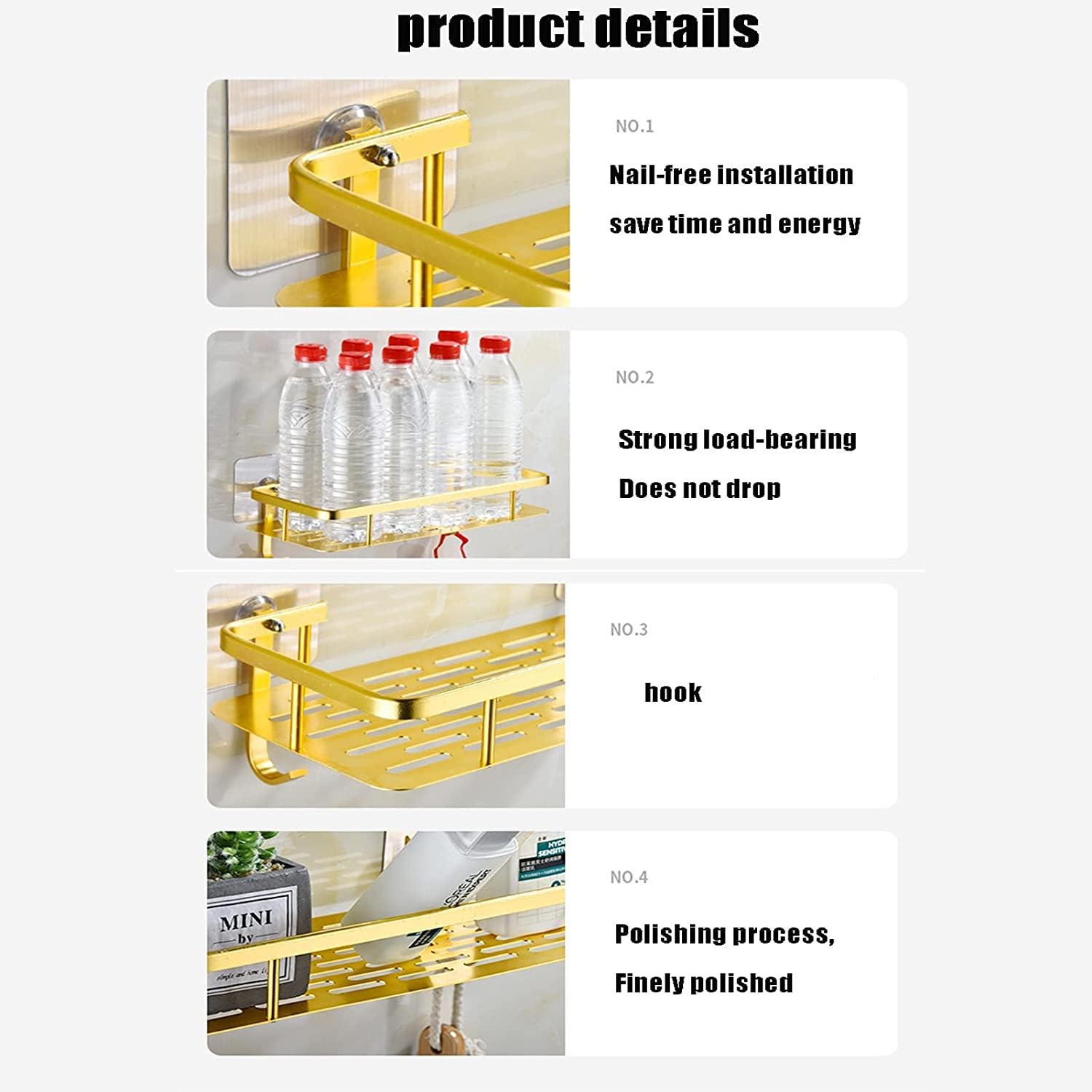 Półka Prysznicowa do Kuchni Łazienka Caddy Półka Półka Pod Prysznic Przestrzeń Aluminiowy Organizer Prysznicowy Przechowywanie Bez Wiercenia Organizer Prysznicowy(Gold)