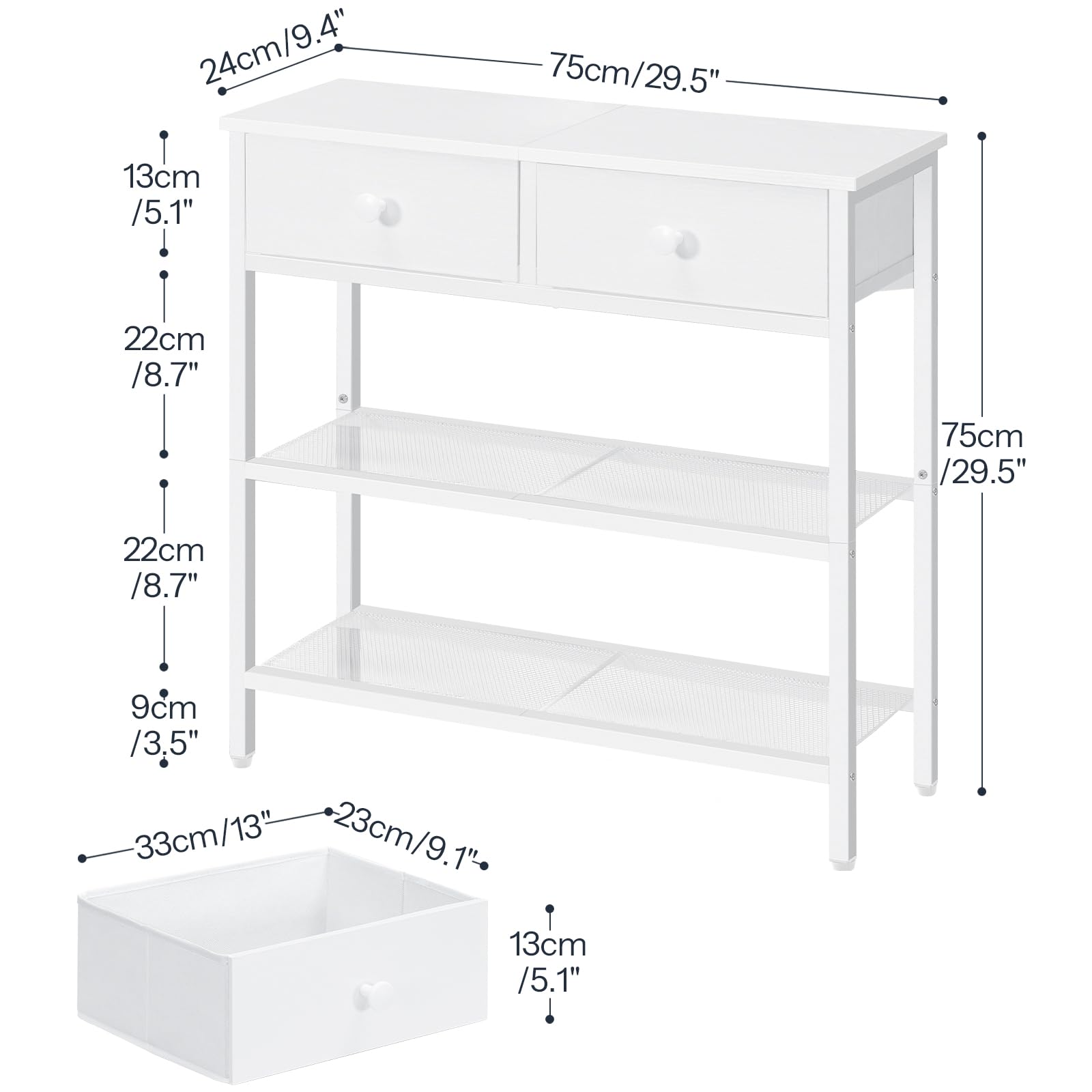 HOOBRO Schmaler Konsolentisch, 75 cm Flurtisch mit Schublade und 2-stufigen Ablagefächern, Beistelltisch, Kleiner Ausstellungstisch, Sofatisch, Eingang, Flur, Weiß EWW72XG01G1