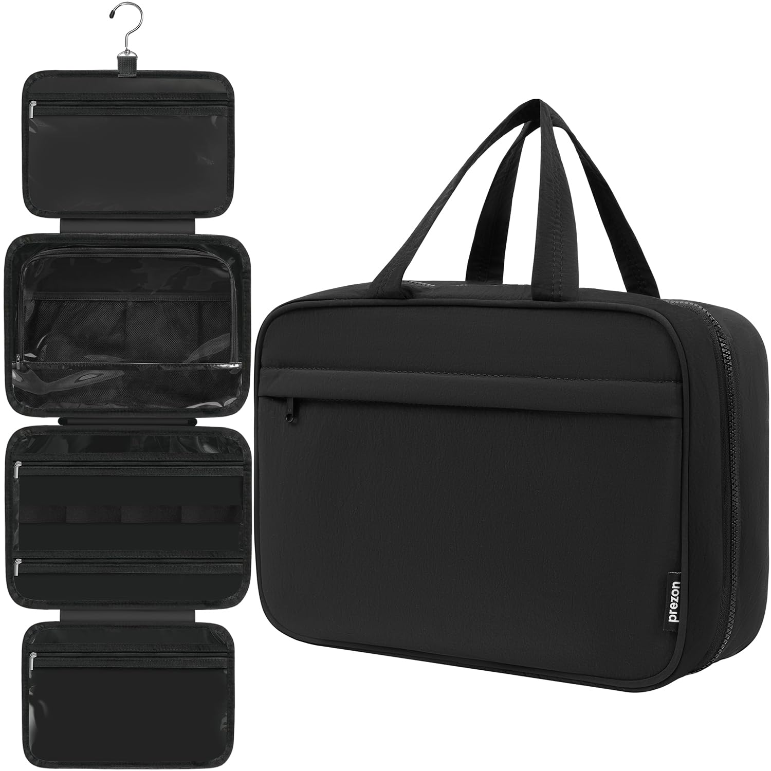 prezon Toiletry Bag For women,Portable Hanging Organizer,4 Leakproof Compartment for full-sized Conditioner, Brushes Set, Makeup Accessories,Visible