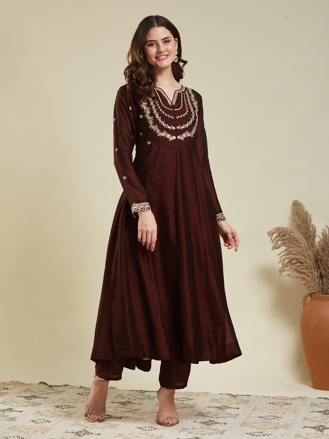 MOKOSH Women's Silk Embroidered Anarkali Kurta Pant Dupatta Set (444-05-L) Coffee - Image 2 thumbnail