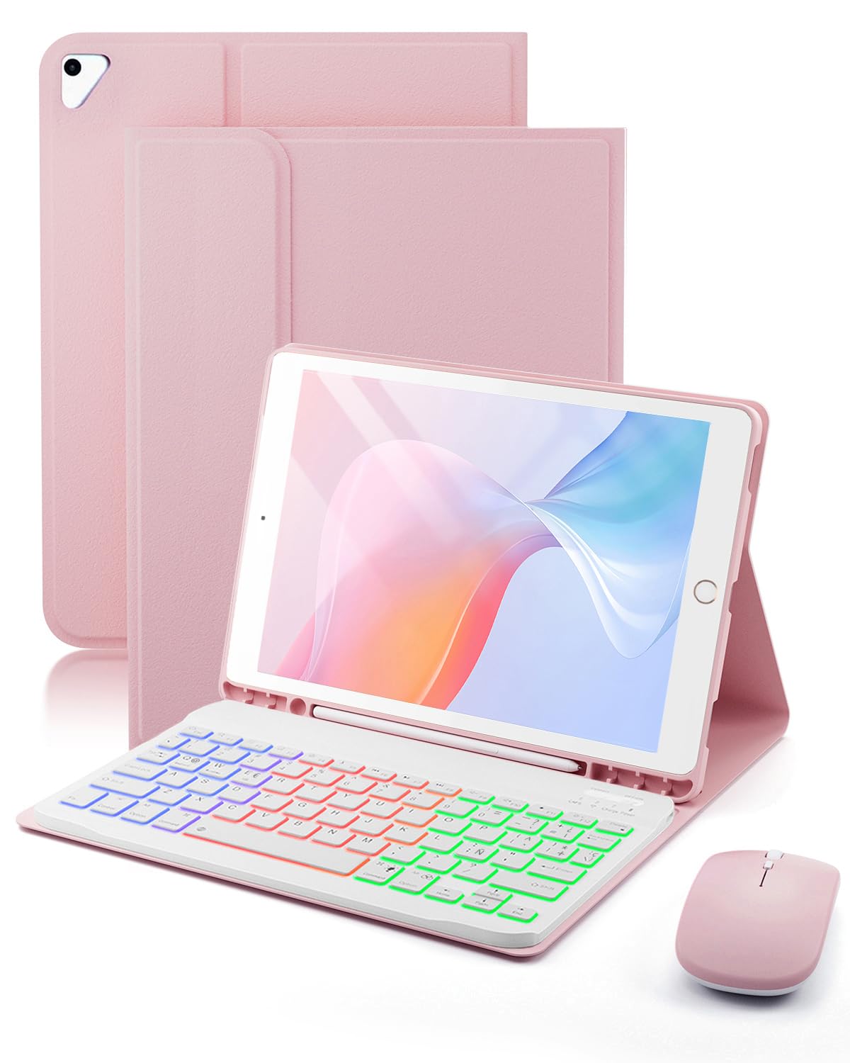 Para iPad 9/8/7 Generation(9ª 2021 / 8ª 2020 / 7ª 2019) 10.2 pulgadas/ iPad Air 3ª/ IPad Pro 10.5 pulgadas funda con Teclado inalámbrico Bluetooth retroiluminado (QWERTY) distribución española y ratón