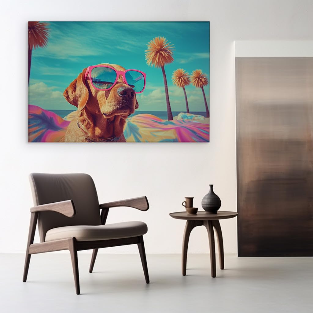 Canvas for Living room. Sunglasses and Sand: A Stylish Pooch�s Beach Day Dream, 27 x 18 inch Canvas Wall Art - Ready to Hang