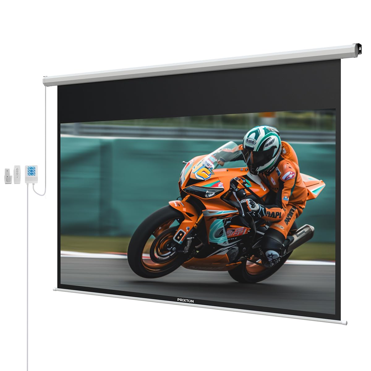 PRIXTON Pantalla de Proyección Cinema MAX con Motor eléctrico, Control Remoto y Manual, Pantalla de 100 Pulgadas, 4 Capas, Material PVC Antiarrugas Lavable
