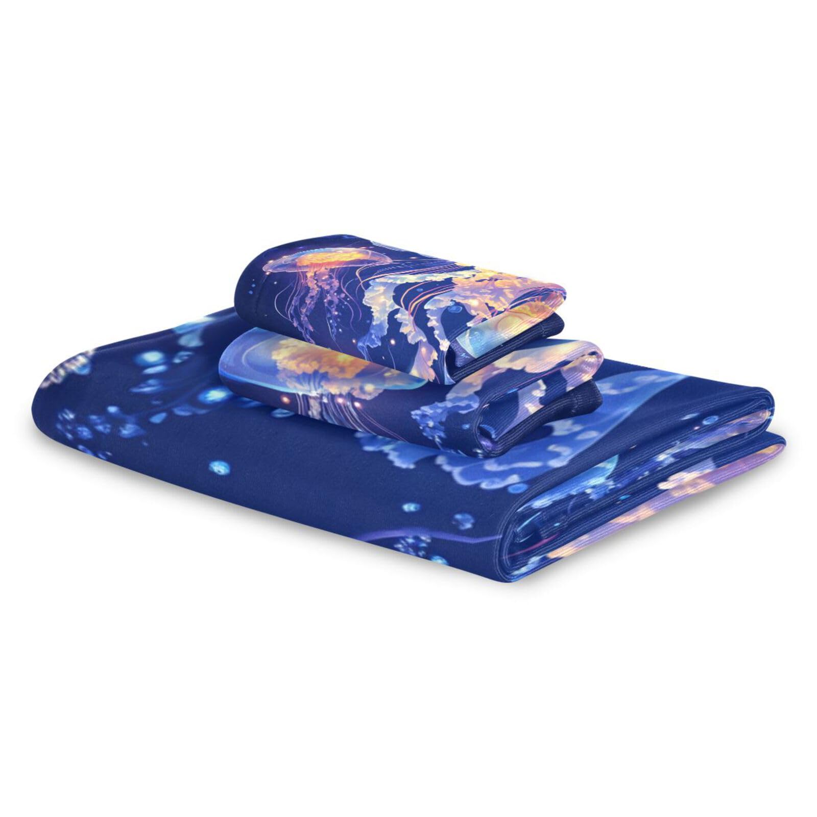 Cartoon Quallen A River Blue Cleaning Face Towels Set 3-teilig, 1 Badetuch, 1 Handtuch, 1 Waschlappen für Zuhause, Küche, Familie