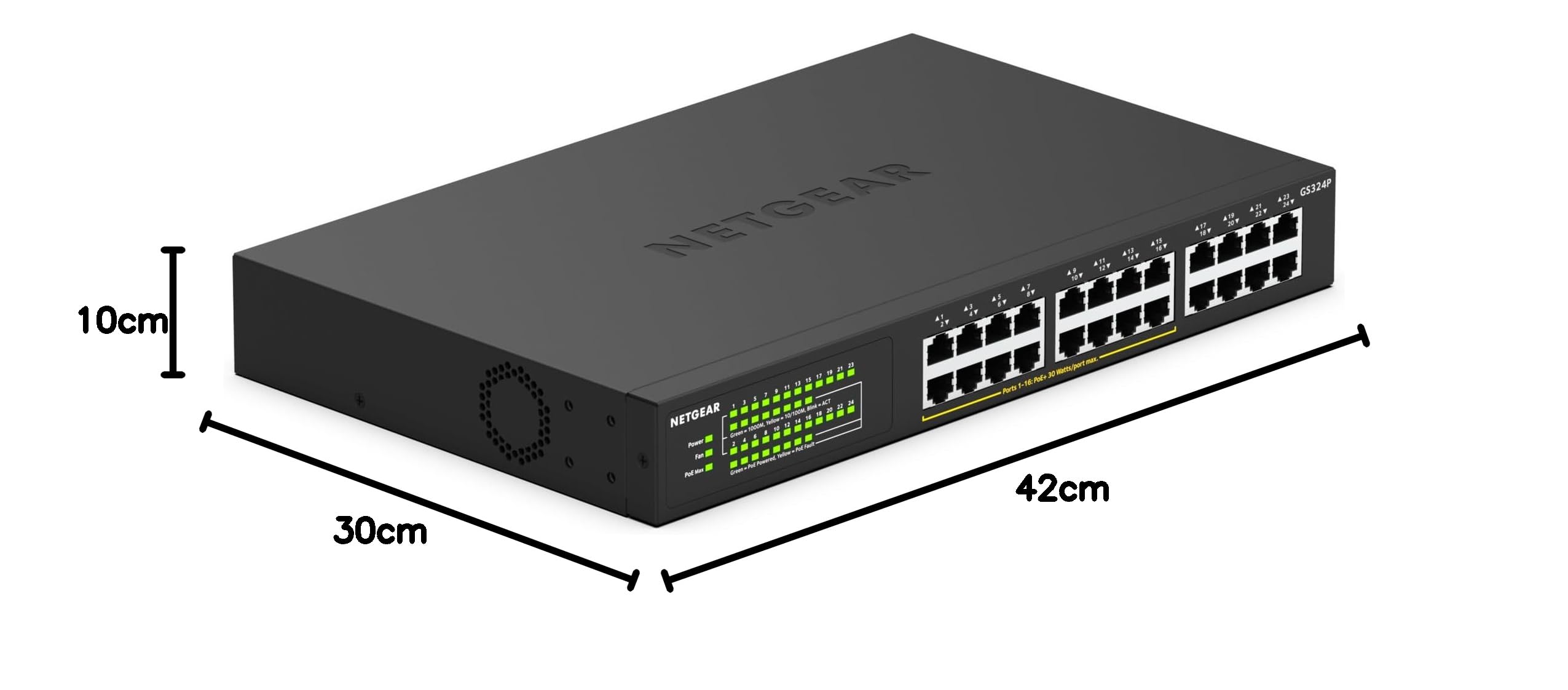 NETGEAR Switch Ethernet PoE 24 porte Unmanaged (GS324P), Switch PoE Gigabit con 16 PoE+ a 190 W, montaggio desktop o su rack