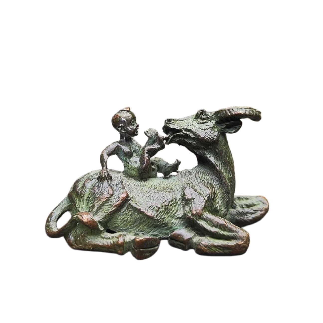 Huolimxun Retro Patinated Boy Playing With Cow Ornaments, Solid Copper Shepherd Boy Lying On Cow Chinese Style Home Study Desk Feng Shui Small Ornaments