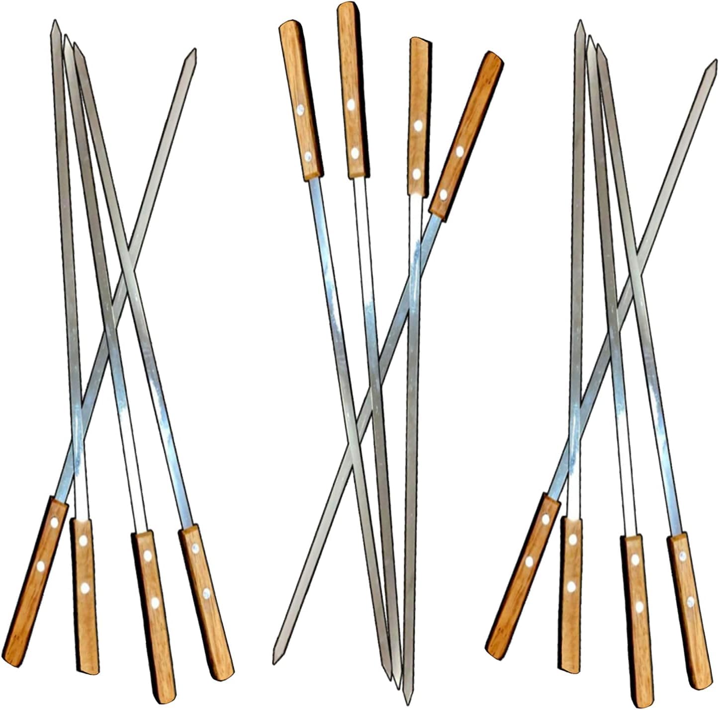 Confezione da 12 spiedini per kebab e barbecue, in acciaio inox, 50 cm, resistenti, grandi, riutilizzabili, con manico in legno antiscivolo, ideali per shish, kebab, pollo, gamberetti e verdure