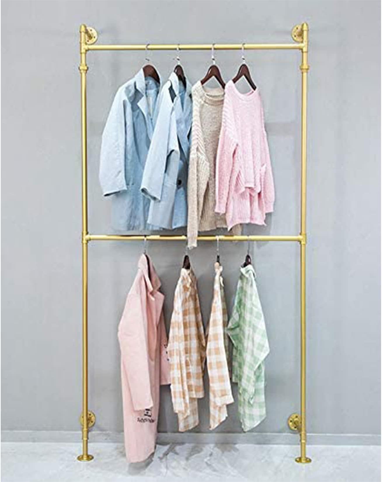 Clothing Store Industrial 2-Tier Display Stands, Entrance Porch Organization Hanging Garment Rack,Wall Mounted Storage Clothes Pipe Shelf, Home Towel Rack (Gold)