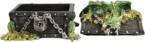Miniatura 5 de Ebros Gift Joyero decorativo de dragón del tesoro de oro verde que se posa en el cofre de pirata encadenado, 6 pulgadas de largo, medieval,