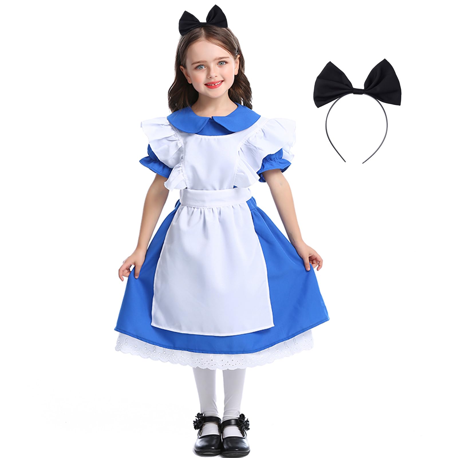 GRAJTCIN Girls French Maid Costume Halloween Anime Lolita Dress Princess Blue Maid Outfit with Apron Bow Headband