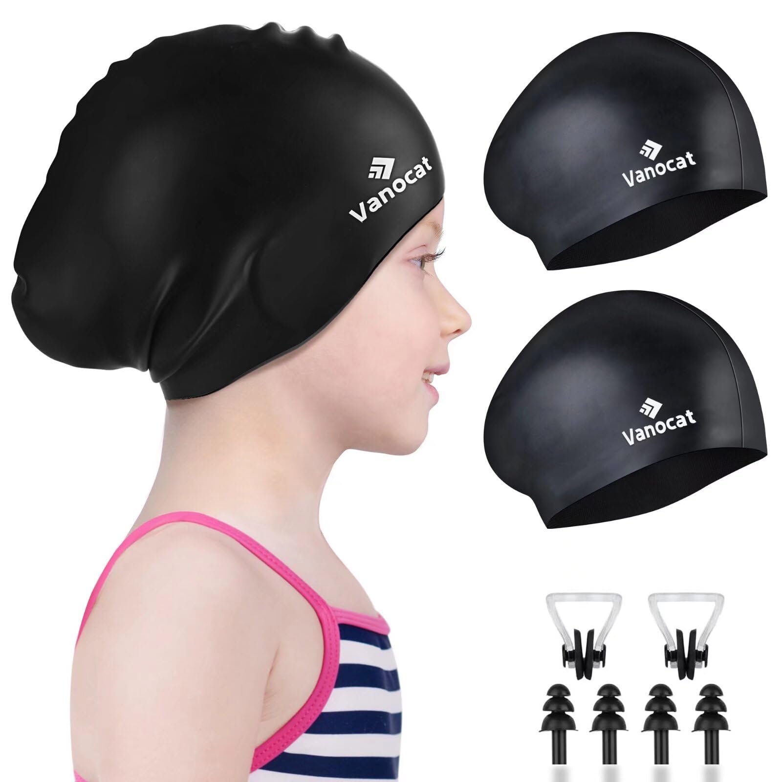 Lot de 2 bonnets de bain unisexes en silicone pour enfants de 3 à 15 ans pour enfants et adolescents de 3 à 15 ans, imperméables avec bouchons d'oreilles et pince-nez